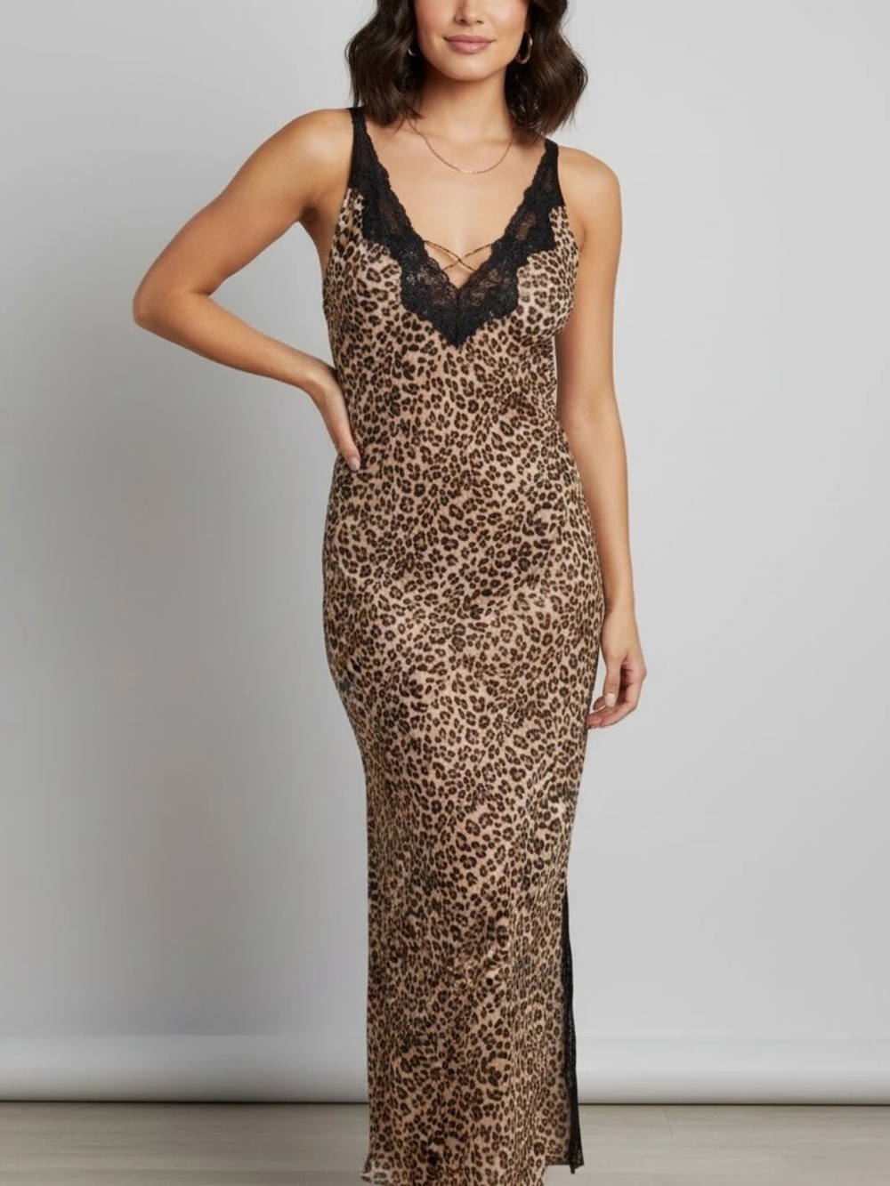 Valerie Stevens Leopard-Print Slip Gown with Black Lace Trim